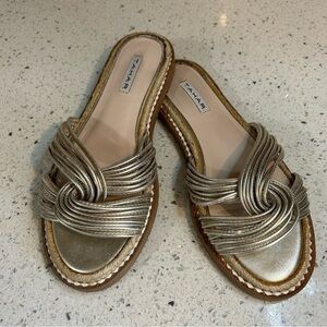 Tahari Cailyn Gold Strappy Braided Leather Slip on Sandal Slide​​​​